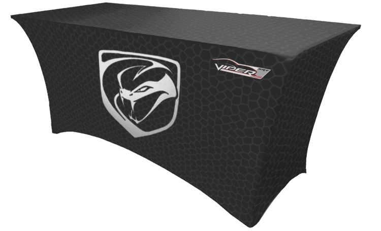 Black stretch table cover with all over printing