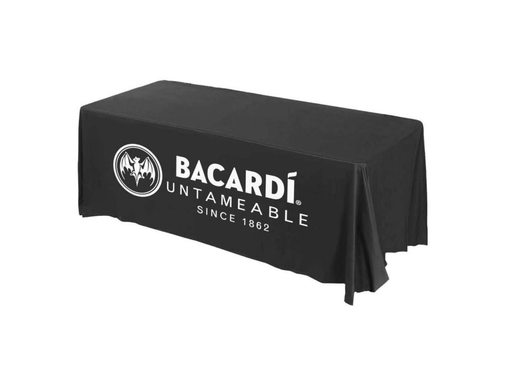 black printed tablecloth with white logo imprint